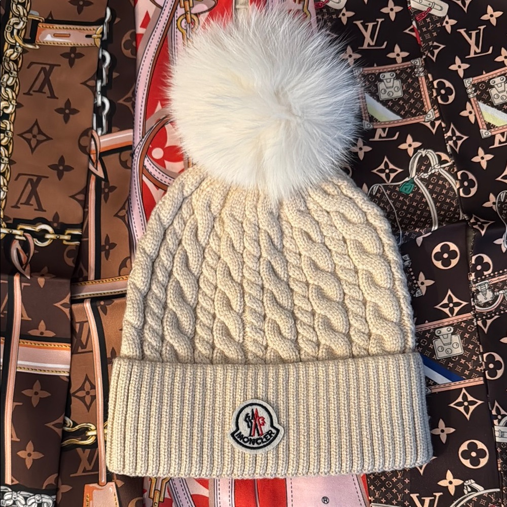 Moncler Cream Cable Knit Beanie with Pom